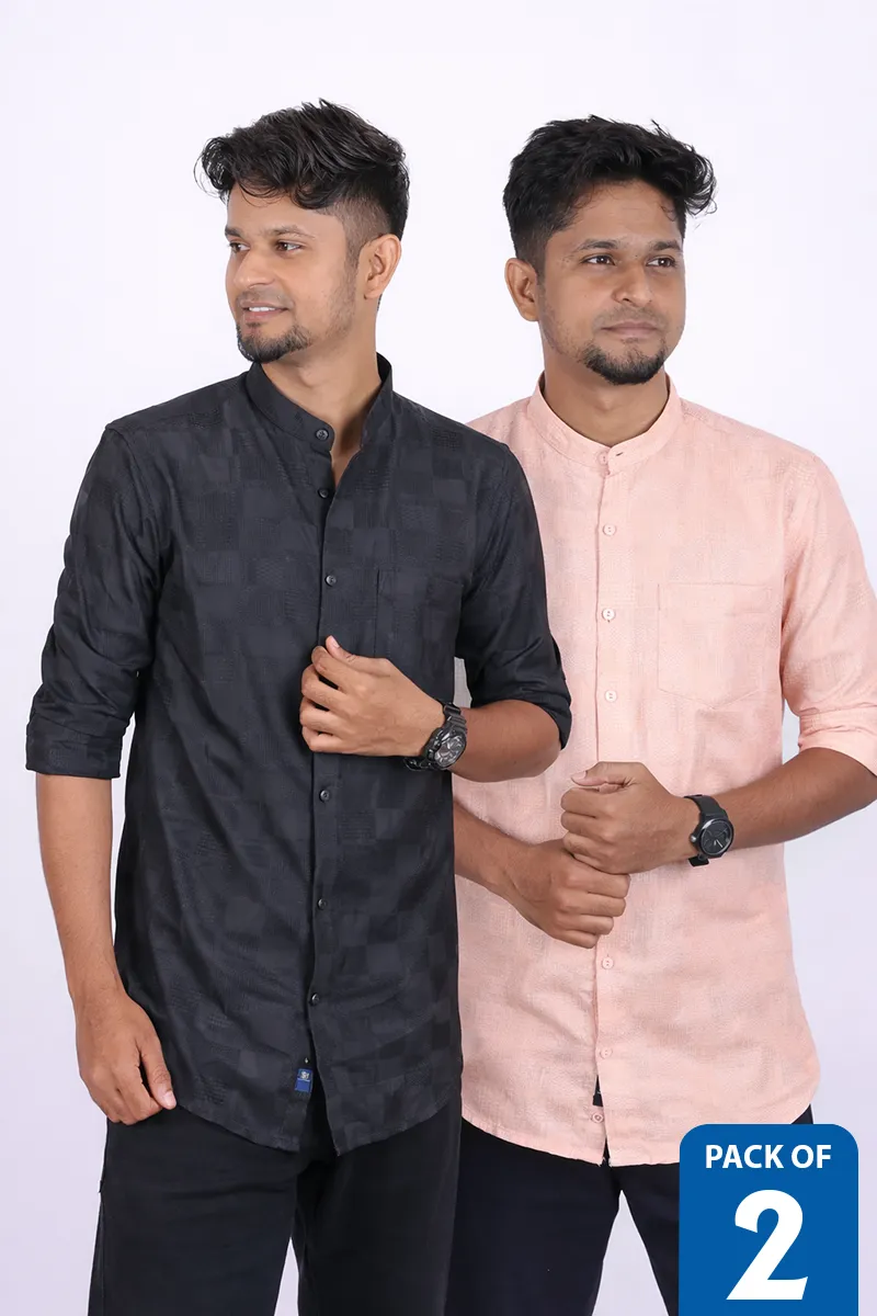Men's Cotton Self Design Slim Fit Shirt - Pack of 2