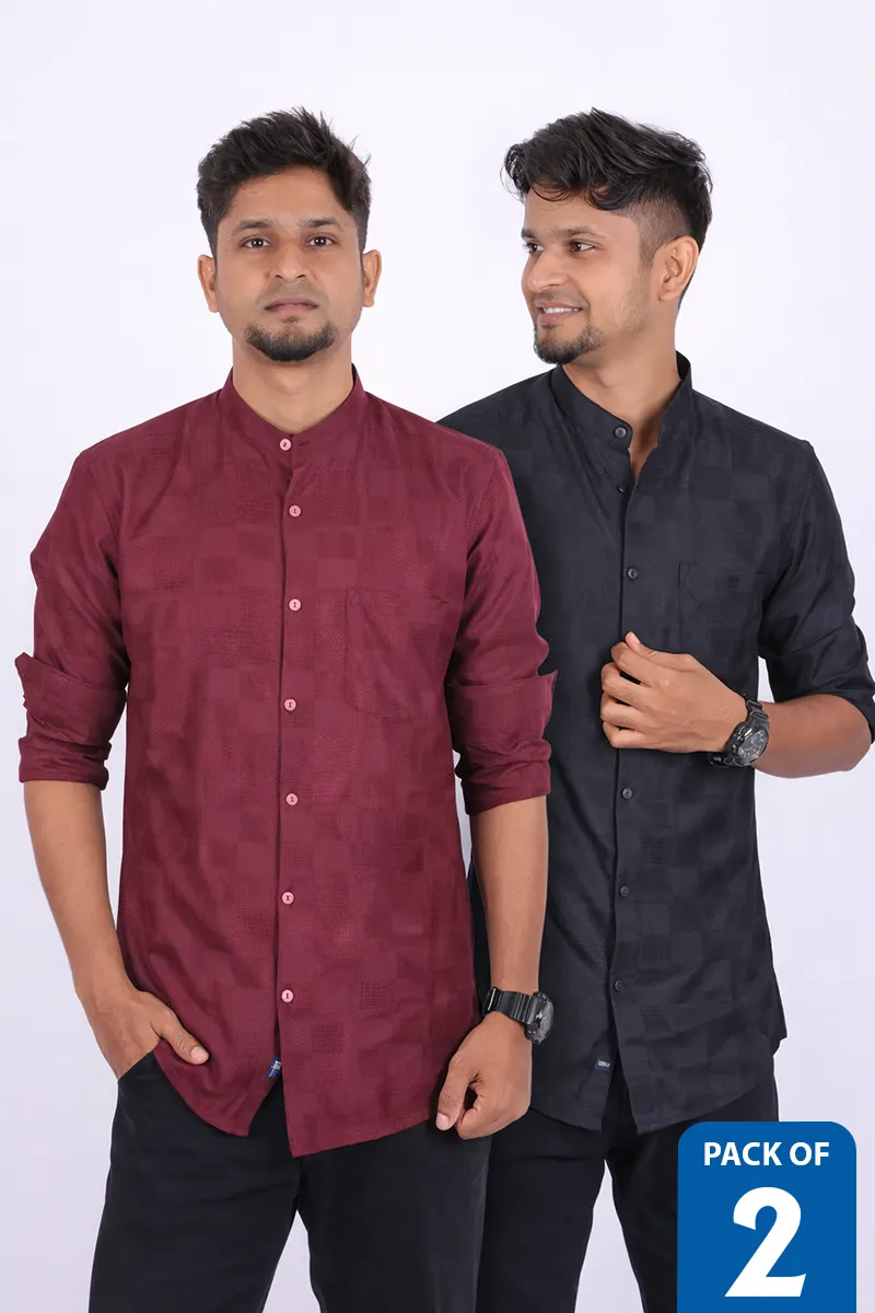 Men's Cotton Self Design Slim Fit Shirt - Pack of 2