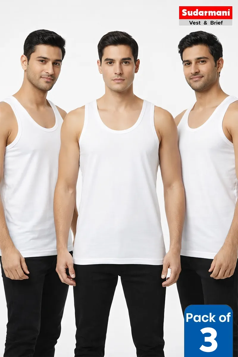 Cotton Solid Vest for Men - Pack of 3 CLMCB400WHI85
