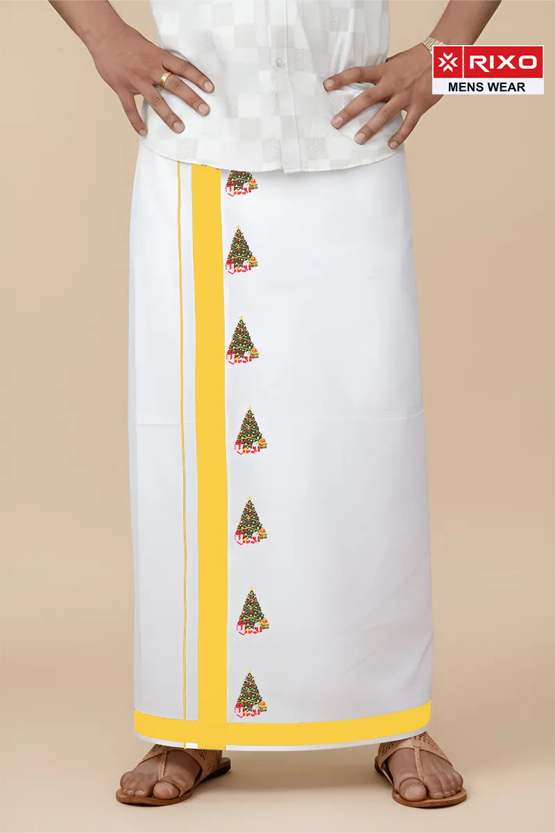 Men's Cotton Dhoti with Christmas X- Max Tree Theme Rixo MCR CLMDH66YEL2MTR