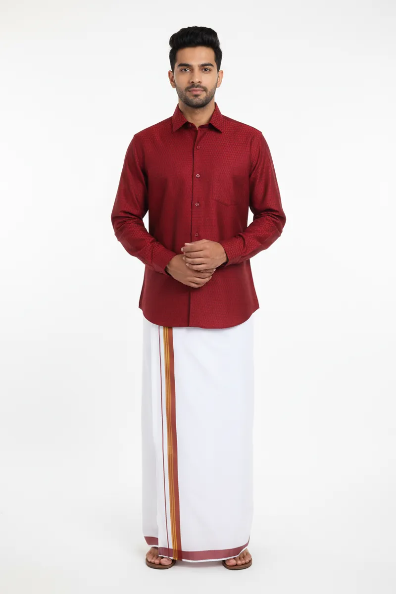Men's Cotton Self Designed Dhoti Shirt Set (2 Pcs)