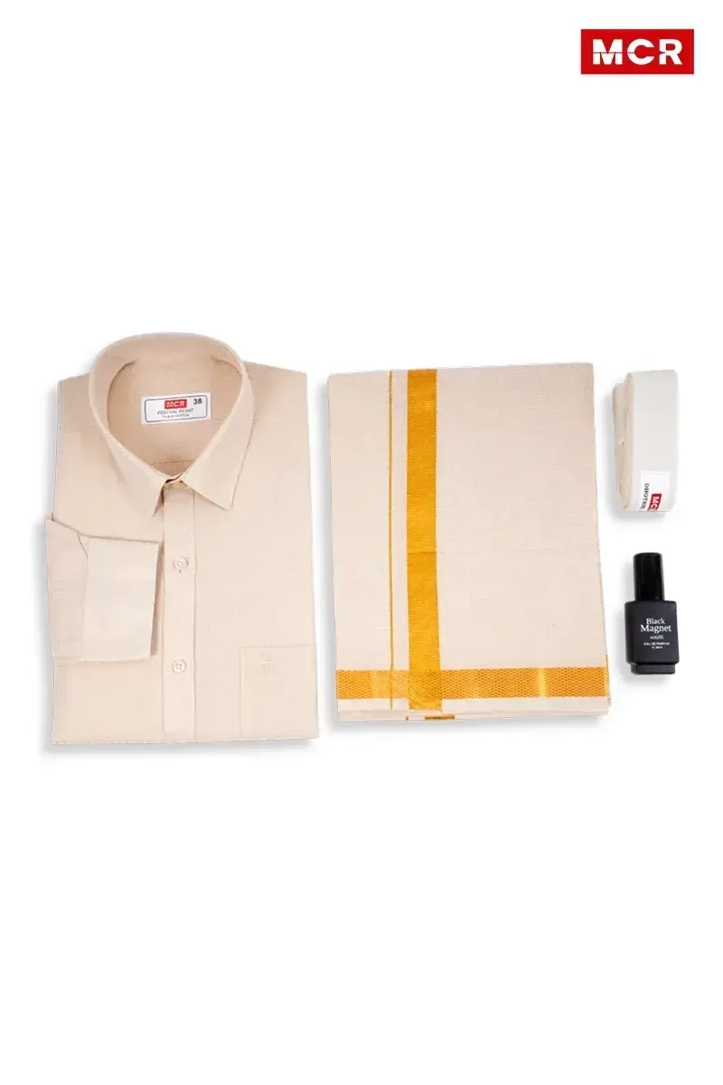 Men's Tissue Silk Solid Dhoti Shirt Set with Freebie (4 Pcs)