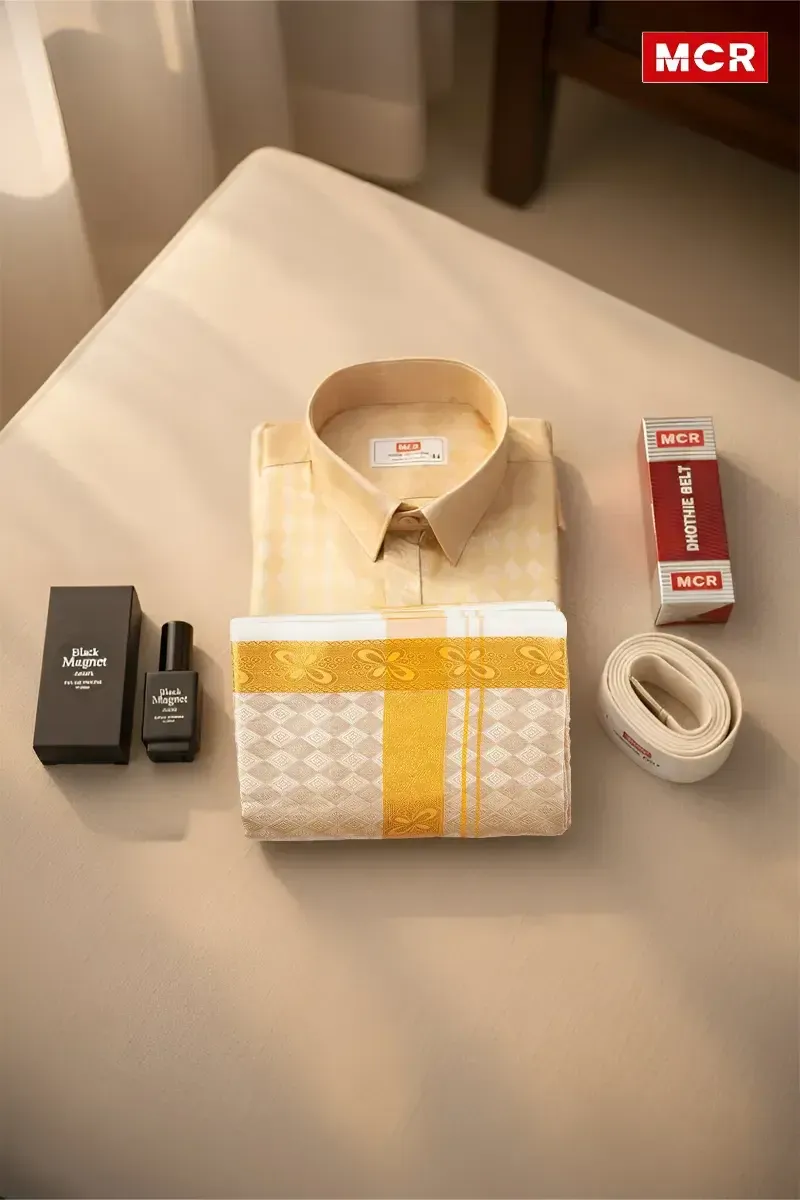 Men's Tissue Silk Self Design Dhoti Shirt Set with Freebie (4 Pcs)