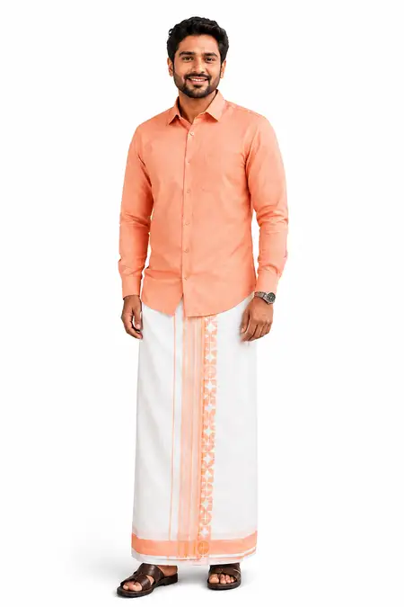 Cotton Shirt with Fancy Border Dhoti Set for Men (2-Pcs Set)