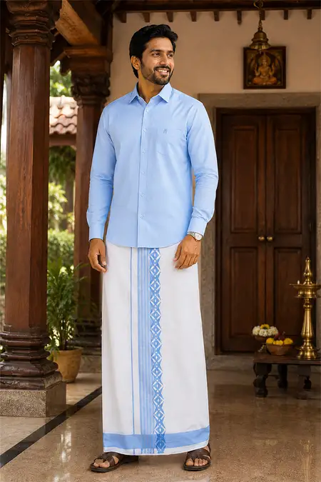 Cotton Shirt with Fancy Border Dhoti Set for Men (2-Pcs Set)