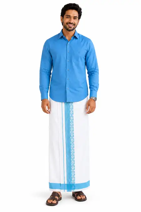 Cotton Shirt with Fancy Border Dhoti Set for Men (2-Pcs Set)
