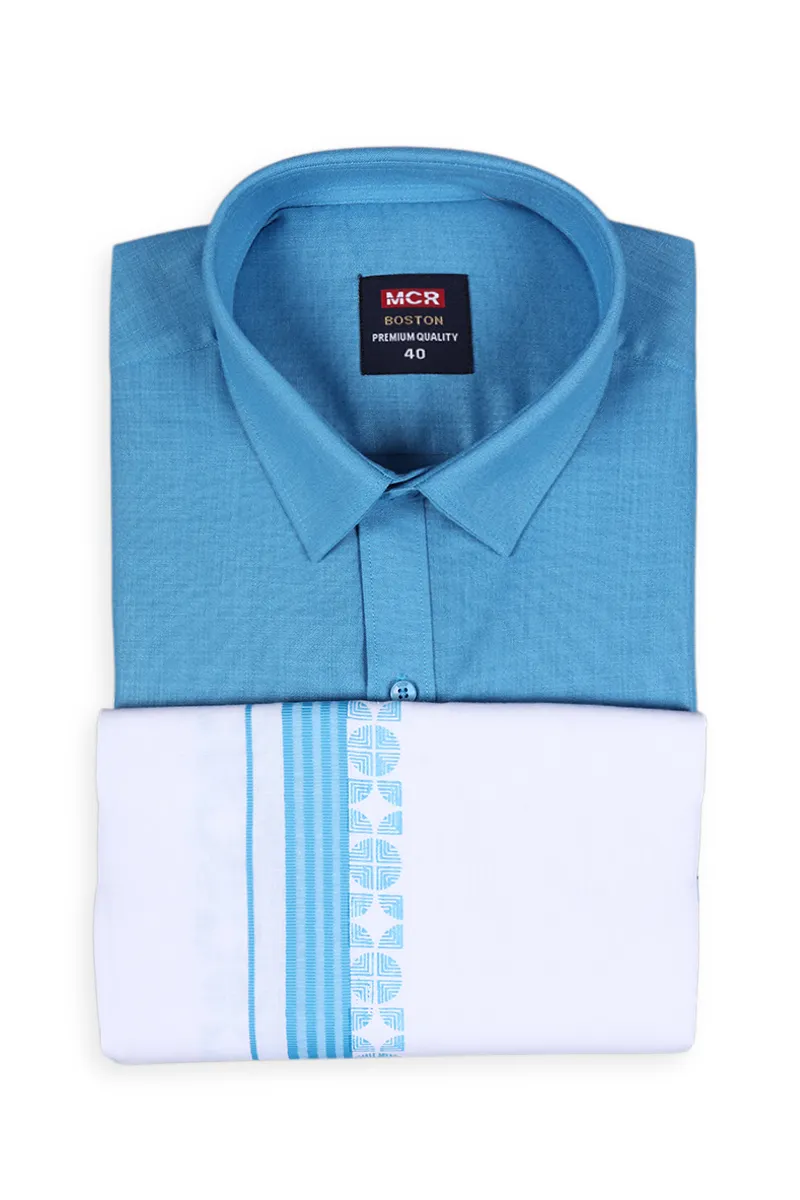 Cotton Shirt with Fancy Border Dhoti Set for Men (2-Pcs Set) CLMDS17BLU40