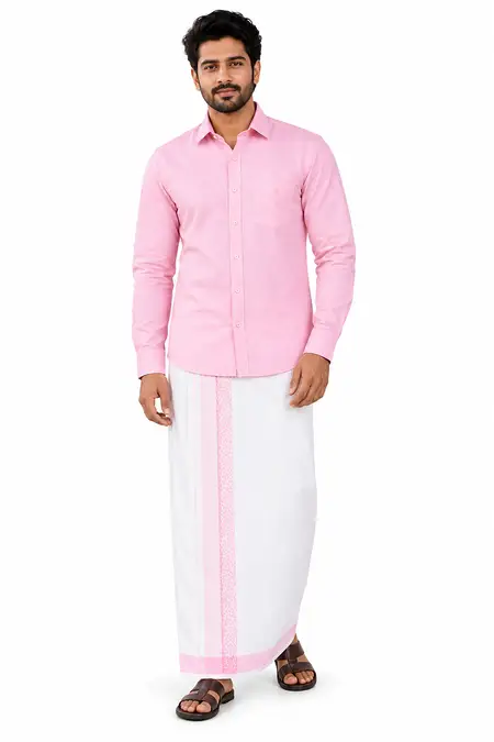 Cotton Shirt with Fancy Border Dhoti Set for Men (2-Pcs Set)