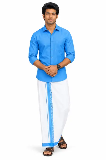 Cotton Shirt with Fancy Border Dhoti Set for Men (2-Pcs Set)