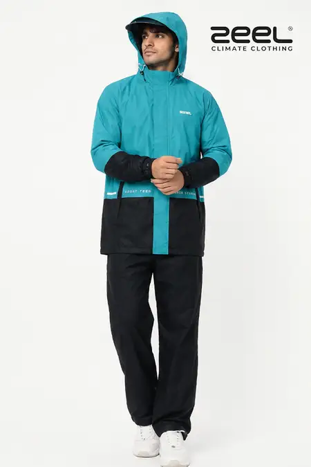 Men's Waterproof Polyester Colorblock Raincoat Set CLMRS10GREEXXL