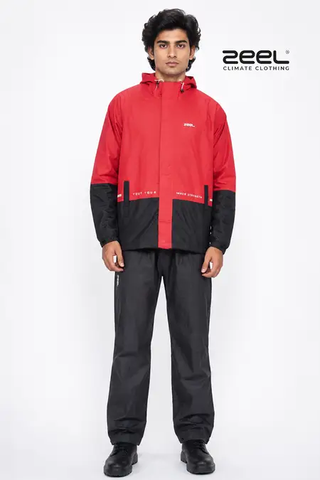 Men's Waterproof Polyester Colorblock Raincoat Set CLMRS10REDXXL