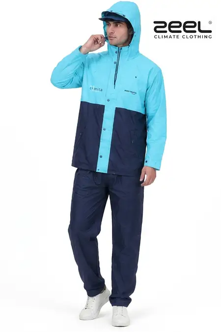 Men's Waterproof Polyester Colorblock Raincoat Set CLMRS11BLUXL