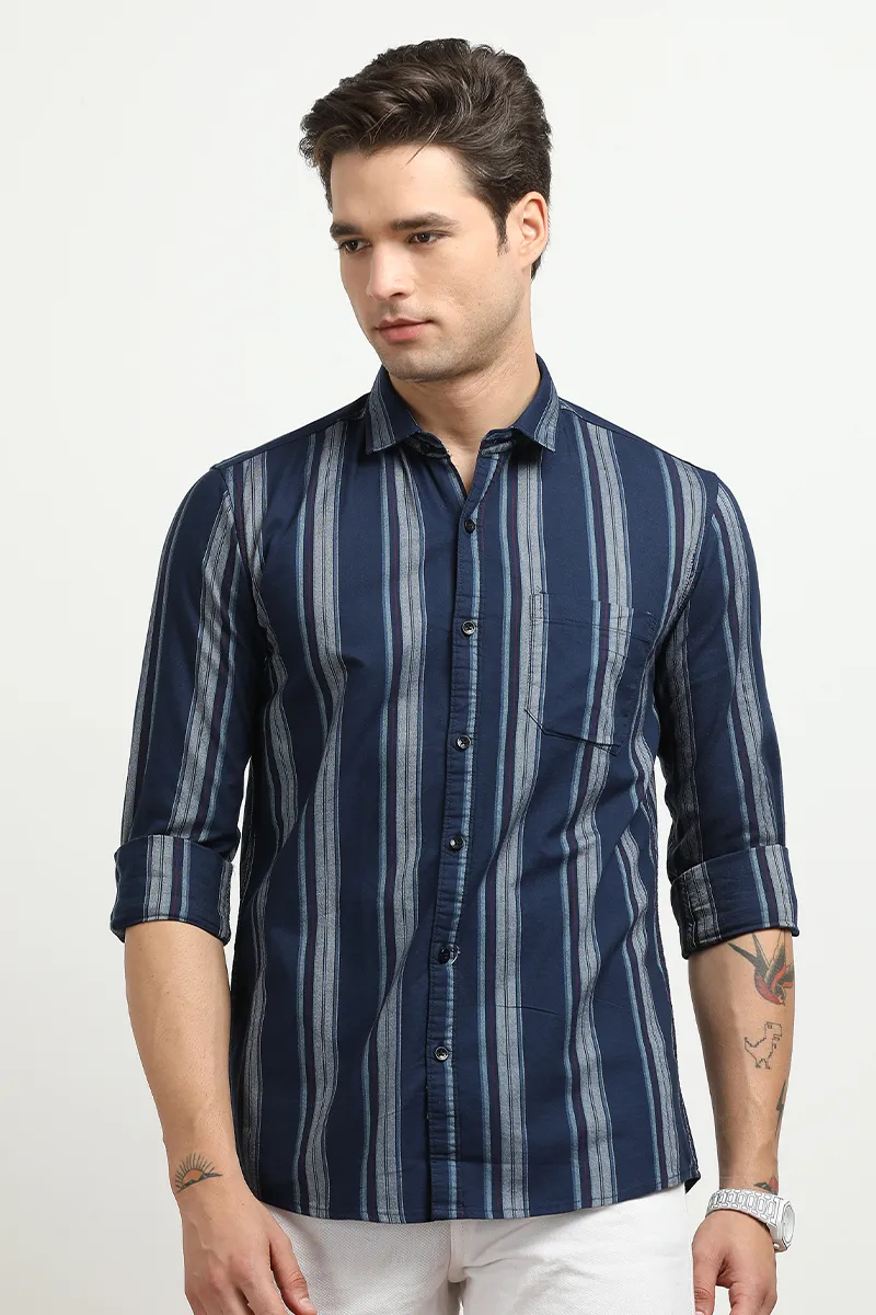 Men's Cotton Slim Fit Striped Shirt CLMSH048NAVL