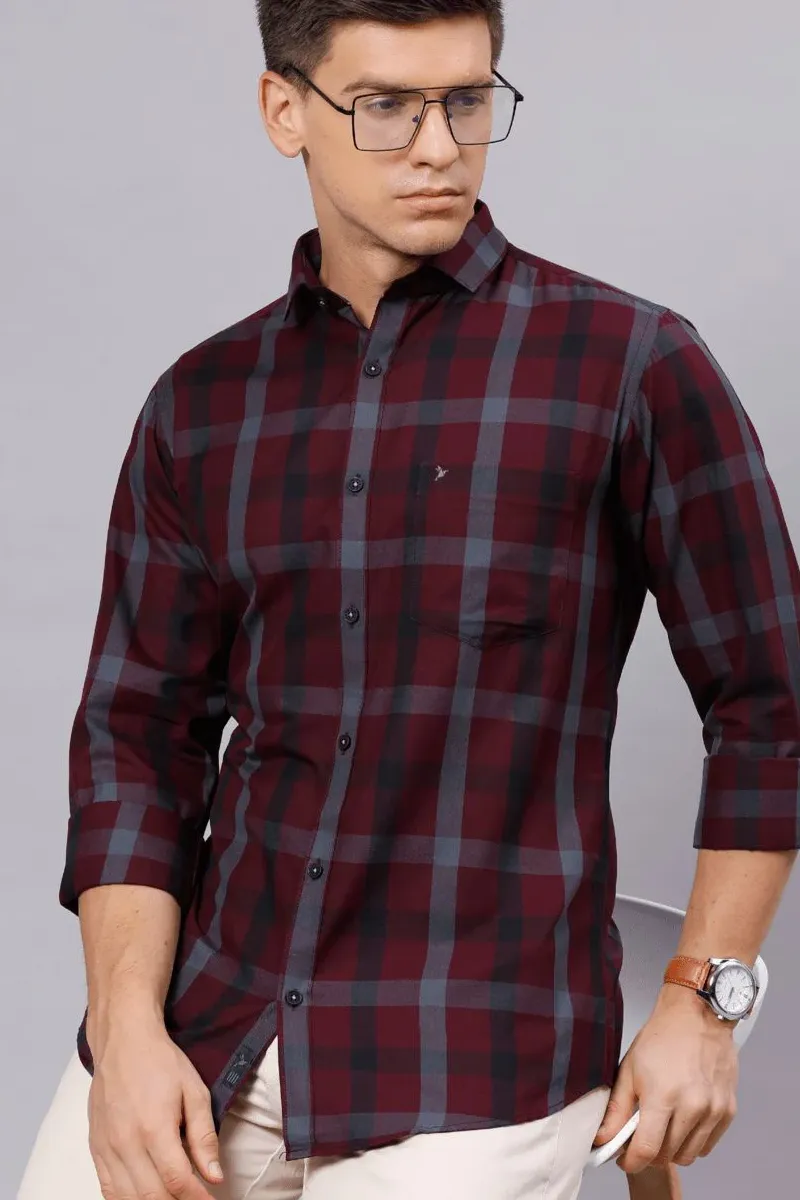 Men's Cotton Slim Fit Stain Proof Checkered Shirt CLMSH061BUR42