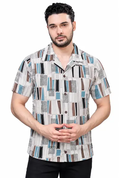 Men's Geometric Print Cuban Collar Shirt