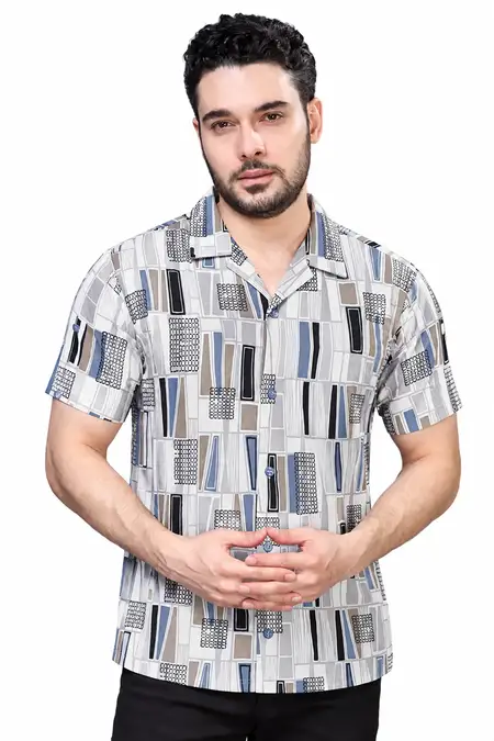 Men's Geometric Print Cuban Collar Shirt