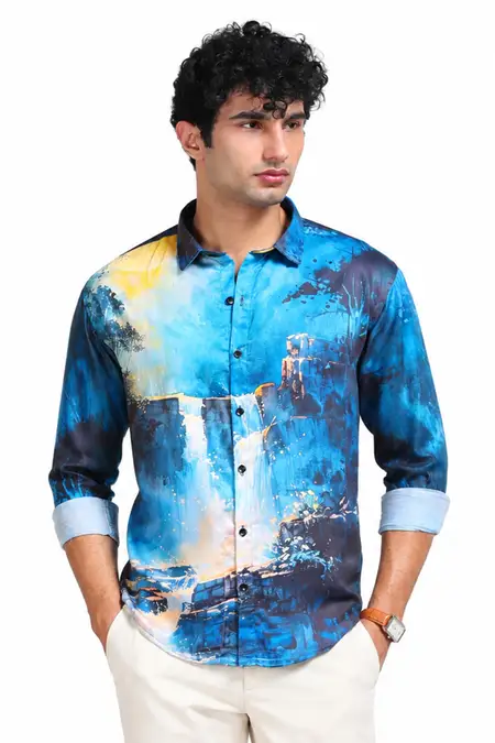 Men's Abstract Print Modal Satin Slim Fit Shirt