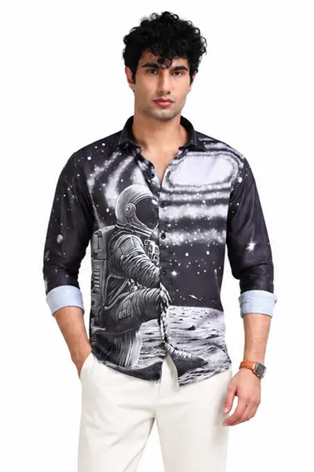 Men's Abstract Print Modal Satin Slim Fit Shirt