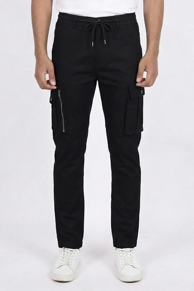 Cotton Blend Regular Fit Cargo Trousers for Men CLMTR04BLA34