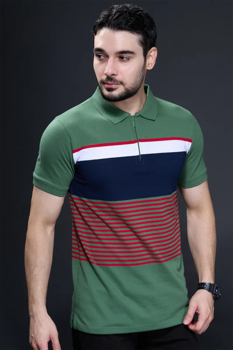 Men's Color Block Polo Neck Tshirt CLMTS01GRE44