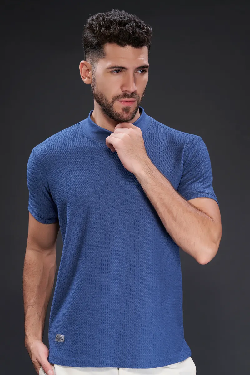 Cotton Solid High Neck Tshirt for Men CLMTS04BLU40