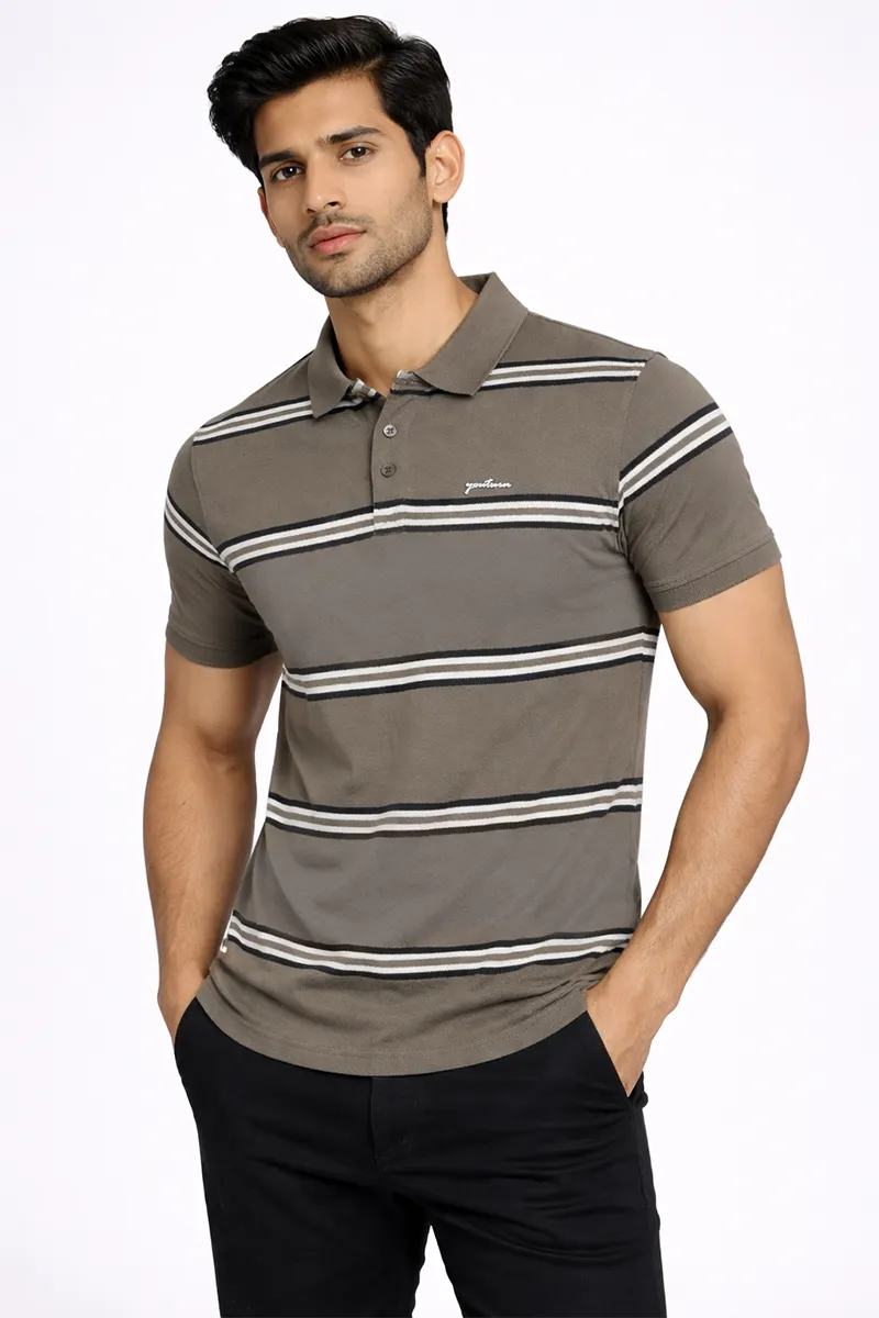 Cotton Striped Polo Neck T-shirt for Men CLMTS39OLI44