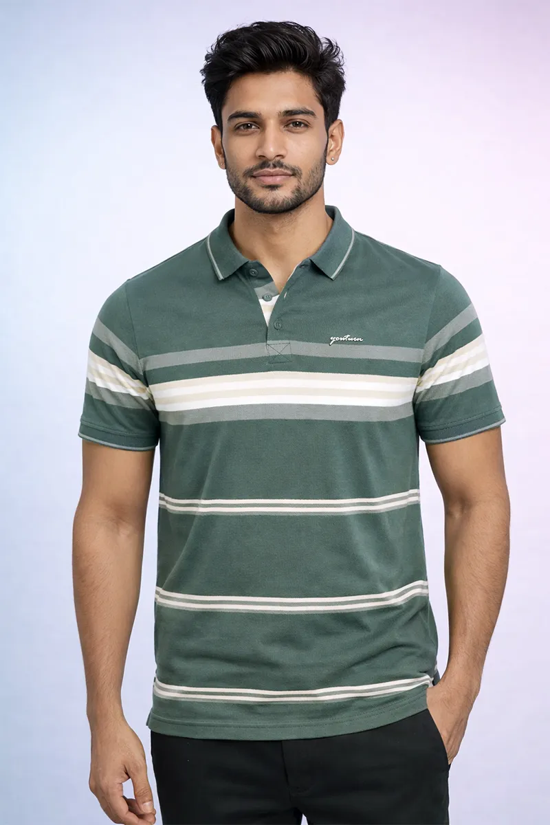 Cotton Colorblock Polo Neck T-shirt for Mens CLMTS58GRE44