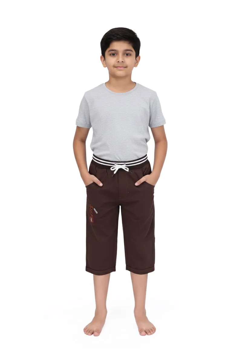 Boy's Cotton Solid Capri Pant - Brown