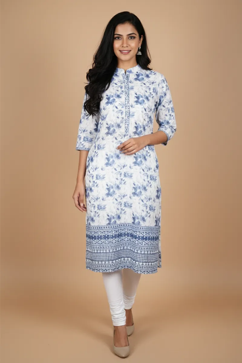 Cotton Chikankari Printed Kurti for Women CLW00006BLUXL. - Blue kurti - XL kurti