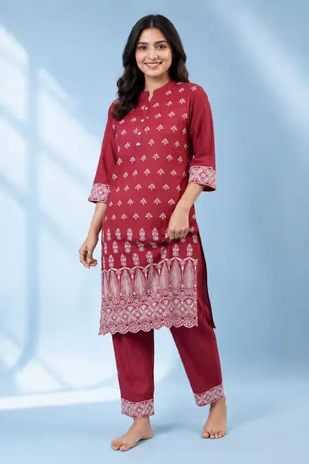 Cotton Blend Embroidered Kurti with Pant Set for Women CLW00090MARXXL