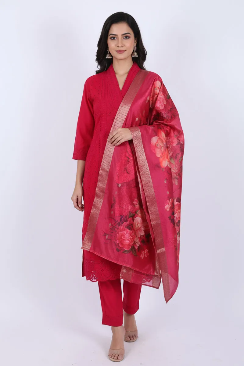 Polycotton Chikankari Embroidered Kurti with Pant & Dupatta Set for Women CLW00091DEEPINL Kurti set kurthi 3 pcs set kurtha set salwar set 3 piece salwar set three pies kurti set kurti3set