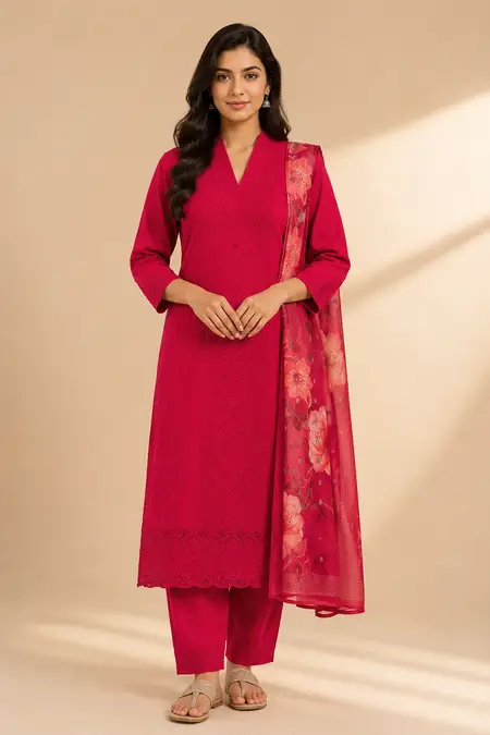 Polycotton Chikankari Embroidered Kurti with Pant & Dupatta Set for Women CLW00091DEEPINXXL Kurti set kurthi 3 pcs set kurtha set salwar set 3 piece salwar set three pies kurti set kurti3set