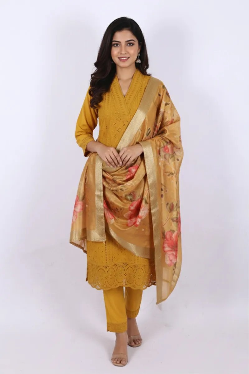 Polycotton Chikankari Embroidered Kurti with Pant & Dupatta Set for Women CLW00091MUSXXL Kurti set kurthi 3 pcs set kurtha set salwar set 3 piece salwar set three pies kurti set kurti3set
