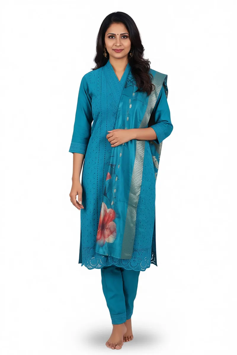 Polycotton Chikankari Embroidered Kurti with Pant & Dupatta Set for Women CLW00091TURL Kurti set kurthi 3 pcs set kurtha set salwar set 3 piece salwar set three pies kurti set kurti3set