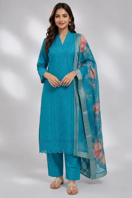 Polycotton Chikankari Embroidered Kurti with Pant & Dupatta Set for Women CLW00091TURXL Kurti set kurthi 3 pcs set kurtha set salwar set 3 piece salwar set three pies kurti set kurti3set