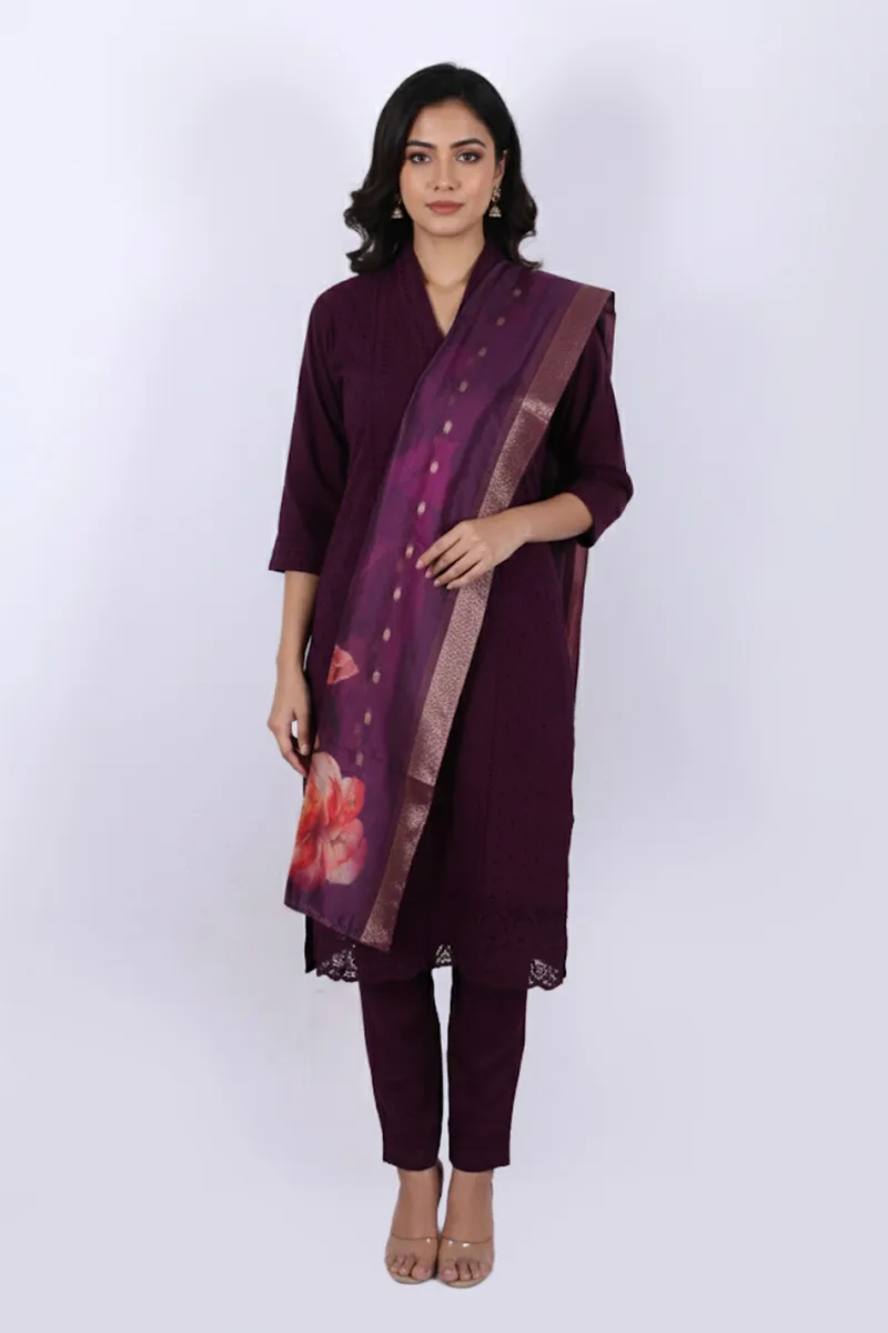 Polycotton Chikankari Embroidered Kurti with Pant & Dupatta Set for Women