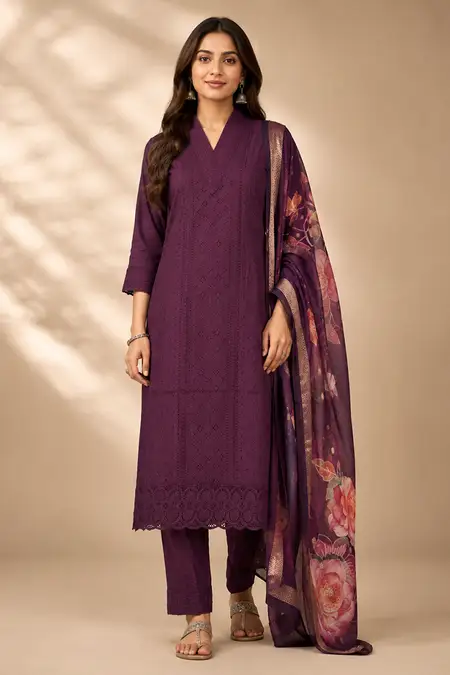 Polycotton Chikankari Embroidered Kurti with Pant & Dupatta Set for Women CLW00091WINL Kurti set kurthi 3 pcs set kurtha set salwar set 3 piece salwar set three pies kurti set kurti3set