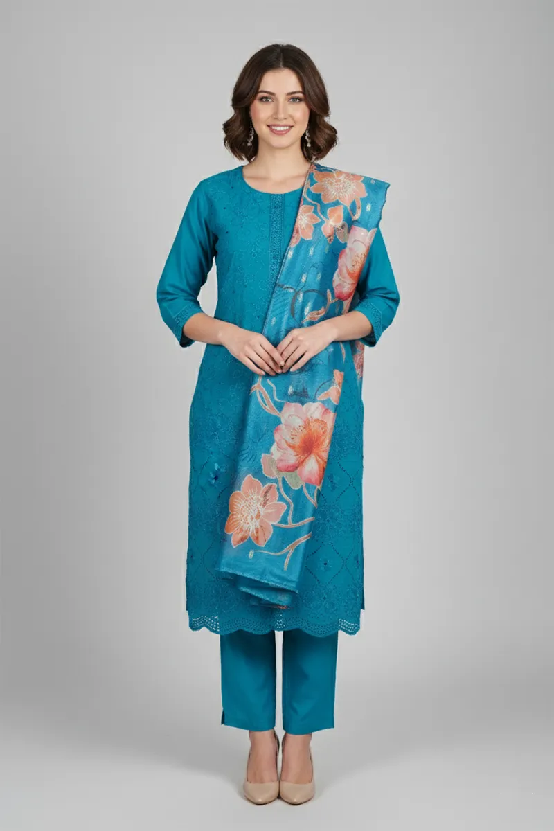 Polycotton Chikankari Embroidered Kurti with Pant & Dupatta Set for Women CLW00092TURXXL Kurti set kurthi 3 pcs set kurtha set salwar set 3 piece salwar set three pies kurti set kurti3set