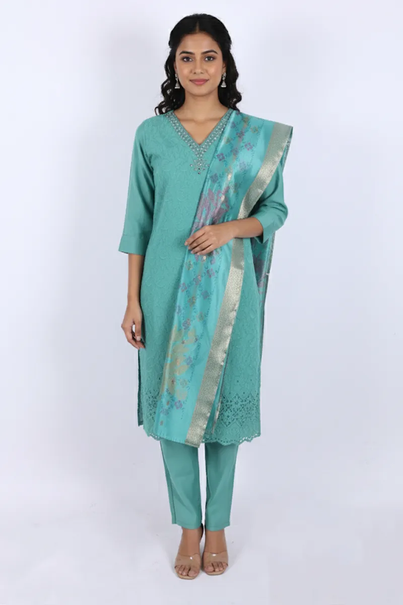 Polycotton Chikankari Embroidered Kurti with Pant & Dupatta Set for Women