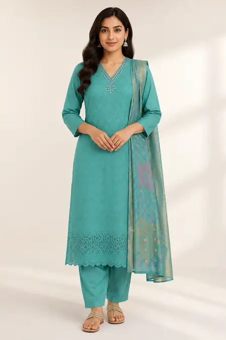 Polycotton Chikankari Embroidered Kurti with Pant & Dupatta Set for Women CLW00093GREXXL Kurti set kurthi 3 pcs set kurtha set salwar set 3 piece salwar set three pies kurti set kurti3set