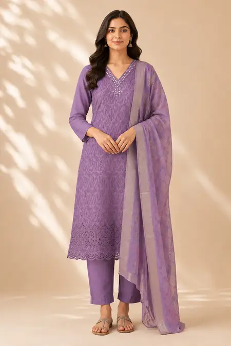 Polycotton Chikankari Embroidered Kurti with Pant & Dupatta Set for Women CLW00093LAVXL Kurti set kurthi 3 pcs set kurtha set salwar set 3 piece salwar set three pies kurti set kurti3set