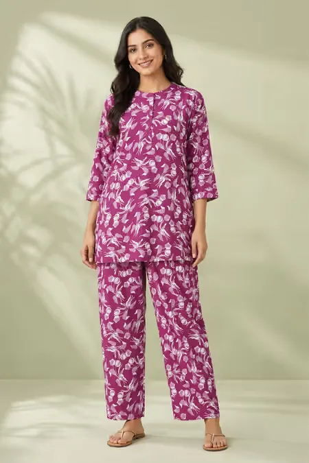 Cotton Blend Floral Printed Co-ord Set for Women CLW00104PURL