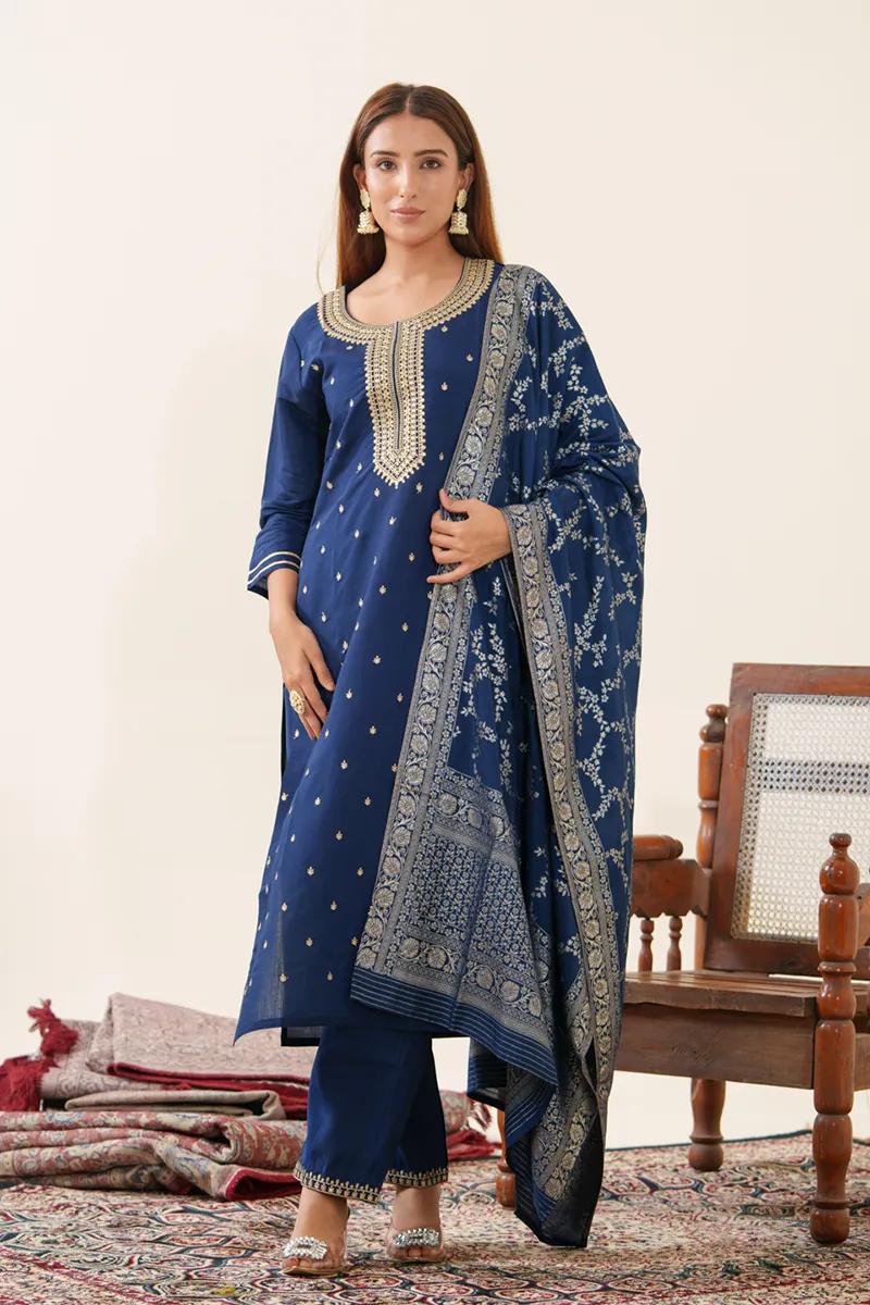Roman Silk Embroidered Kurti with Pant & Dupatta Set for Women CLW00106NAVBLUXXL Kurti set kurthi 3 pcs set kurtha set salwar set 3 piece salwar set three pies kurti set kurti3set