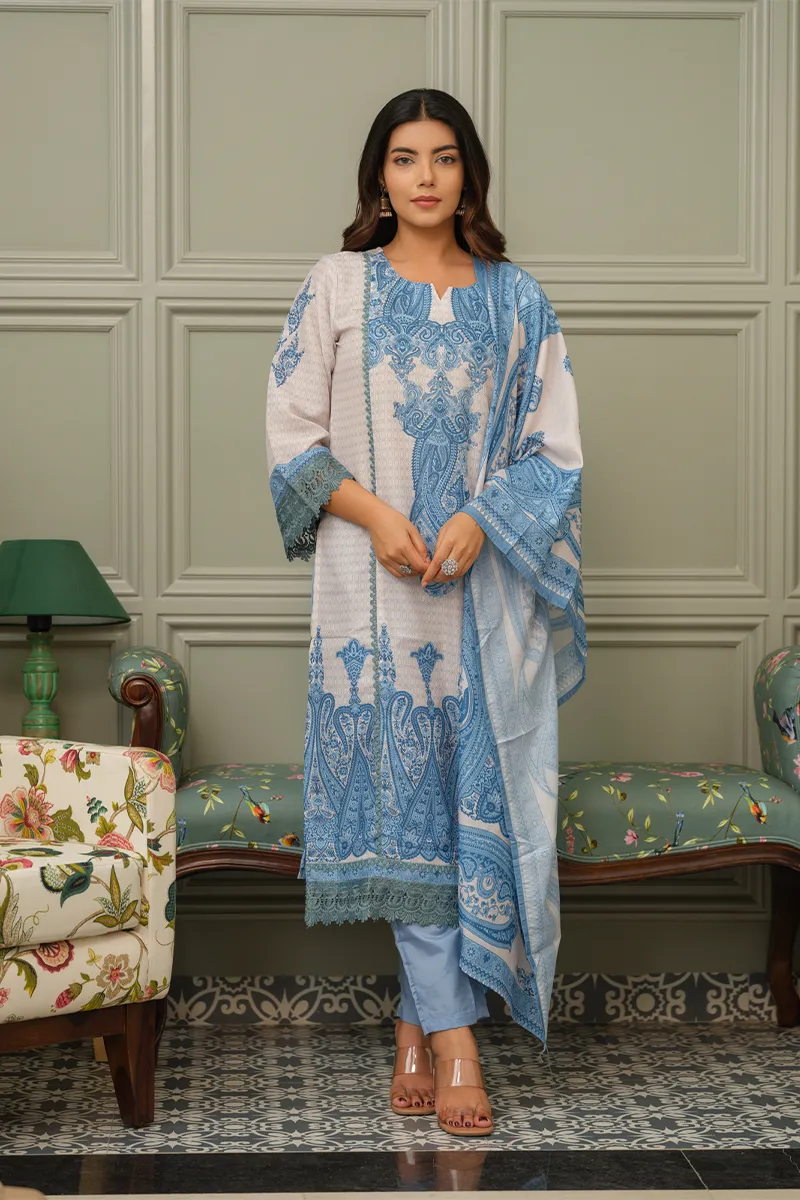 Linen Printed Kurti with Pant & Dupatta Set for Women