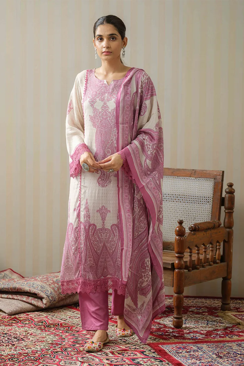 Linen Printed Kurti with Pant & Dupatta Set for Women CLW00108PINXXL Kurti set kurthi 3 pcs set kurtha set salwar set 3 piece salwar set three pies kurti set kurti3set