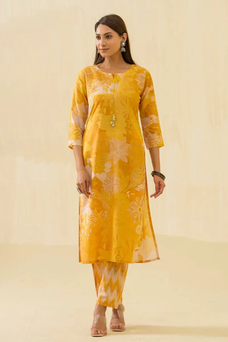 Cotton Blend Floral Printed Kurti with Pant Set for Women CLW00109YELL