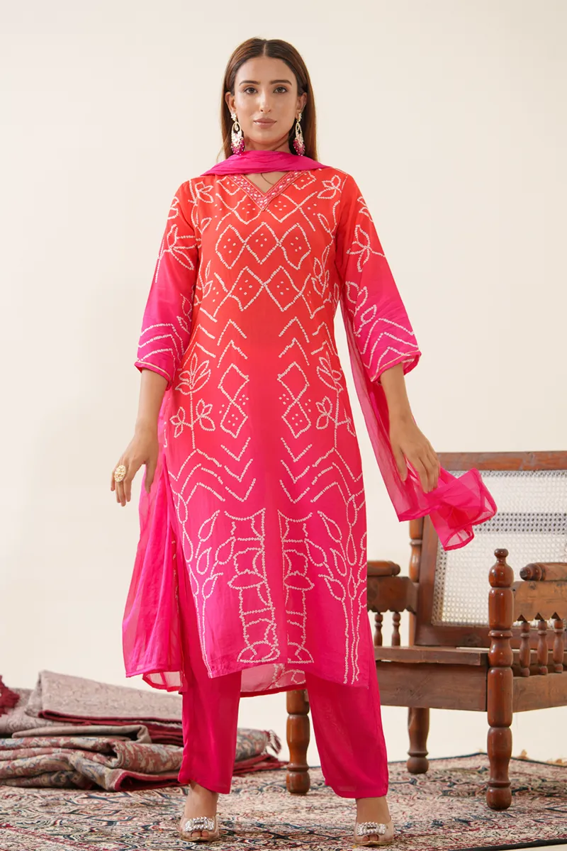 Viscose Rayon Bandhani Printed Kurti with Pant & Dupatta Set for Women  CLW00110PINXXL Kurti set kurthi 3 pcs set kurtha set salwar set 3 piece salwar set three pies kurti set kurti3set