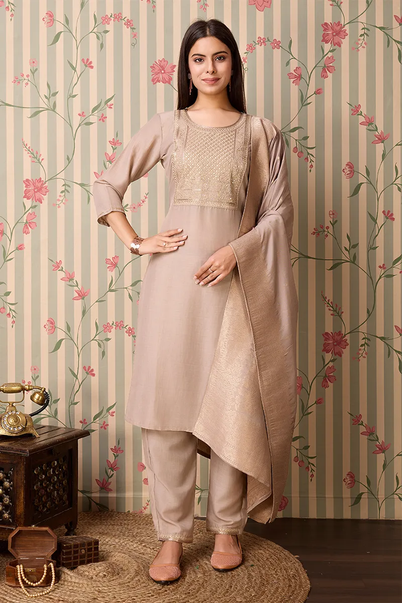 Poly Chiffon Woven Design Kurti with Pant & Dupatta Set for Women CLW00113BEIM Kurti set kurthi 3 pcs set kurtha set salwar set 3 piece salwar set three pies kurti set kurti3set