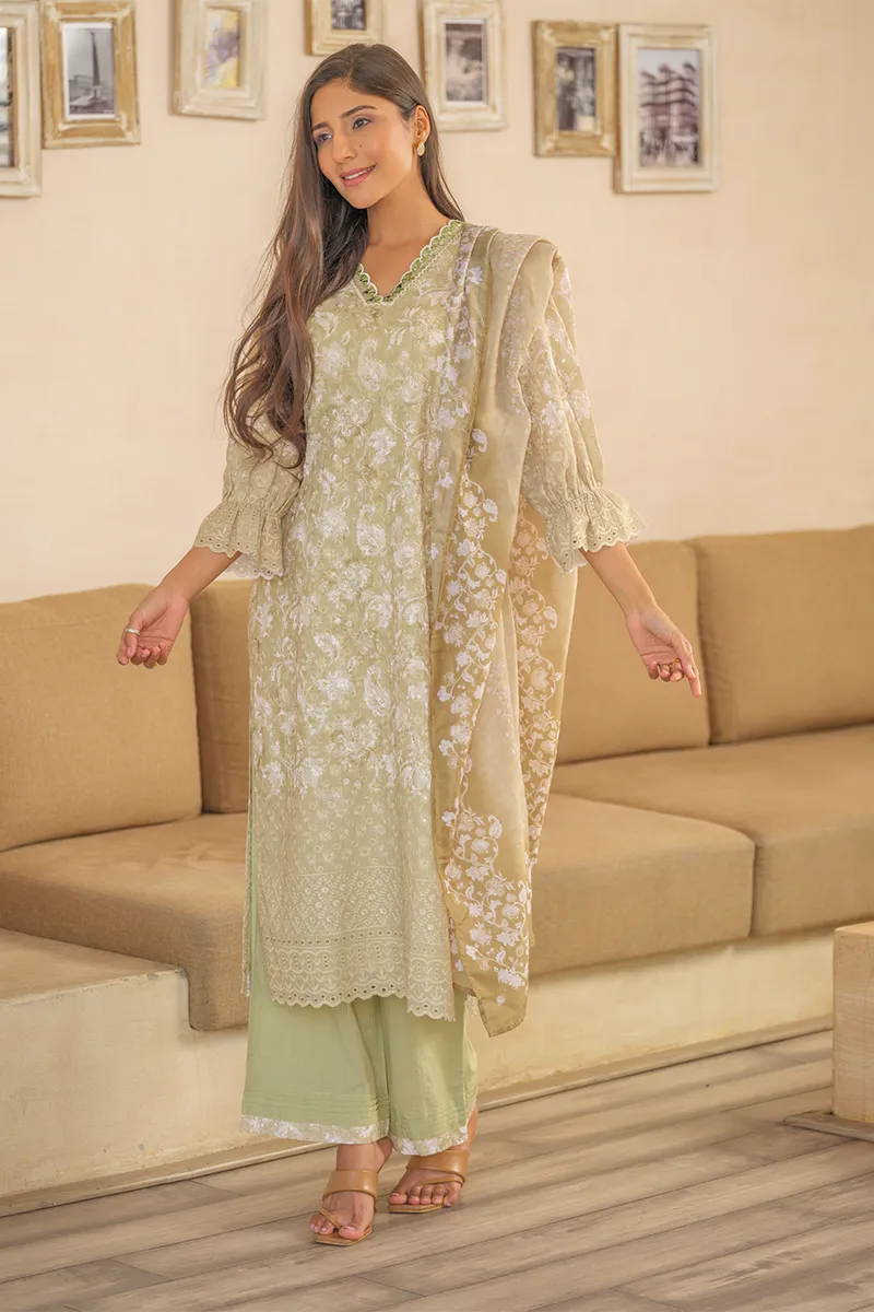 Cotton Floral Printed Kurti with Pant & Dupatta Set for Women CLW00114GREM Kurti set kurthi 3 pcs set kurtha set salwar set 3 piece salwar set three pies kurti set kurti3set
