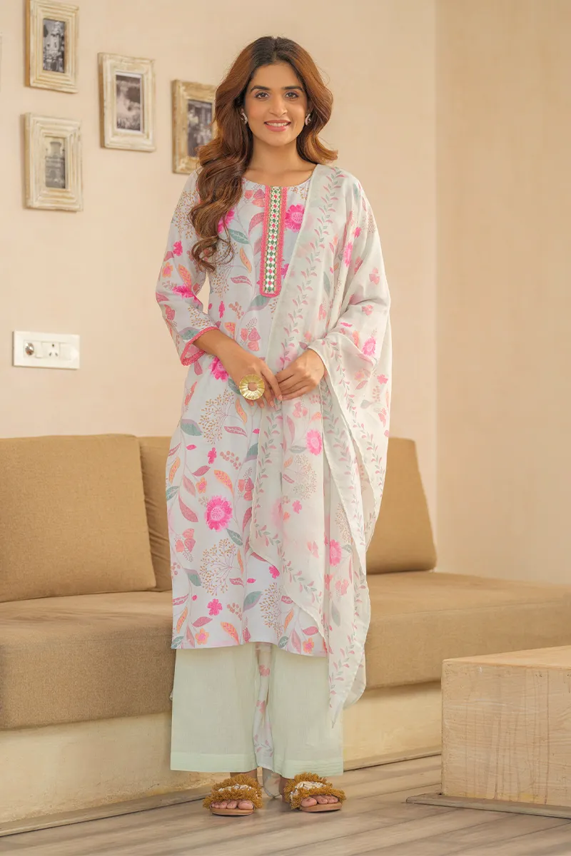 Linen Floral Printed Kurti with Pant & Dupatta Set for Women CLW00115PINXXL Kurti set kurthi 3 pcs set kurtha set salwar set 3 piece salwar set three pies kurti set kurti3set